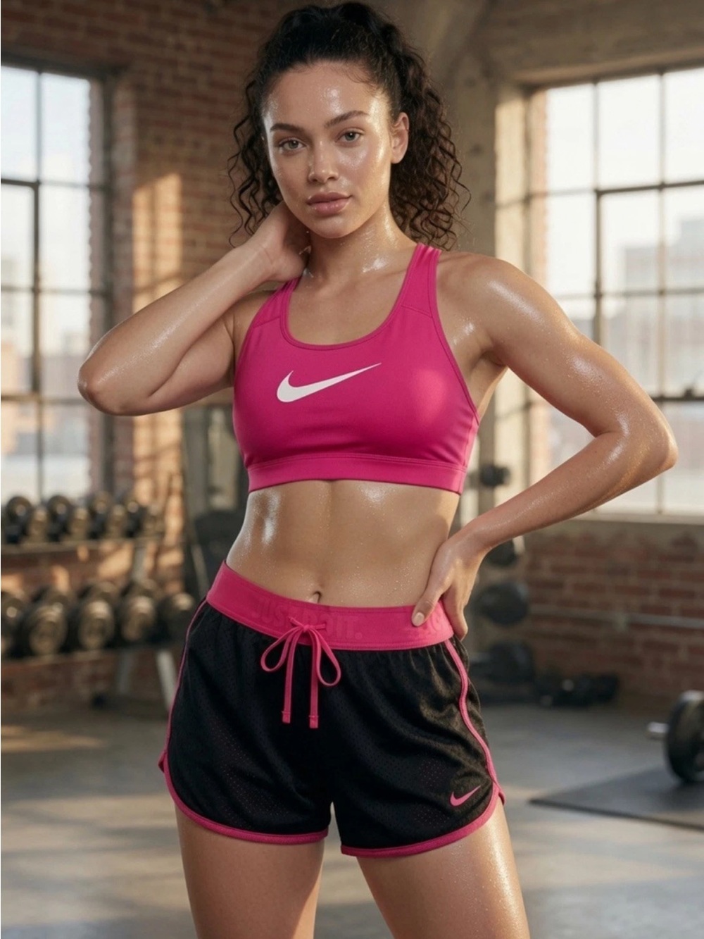 Nike Dri Fit Fold Over Mesh Lined Athletic Shorts Sports bra Vibrant Pink SZ.M